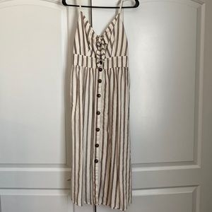 Pink and white striped spaghetti strap dress.